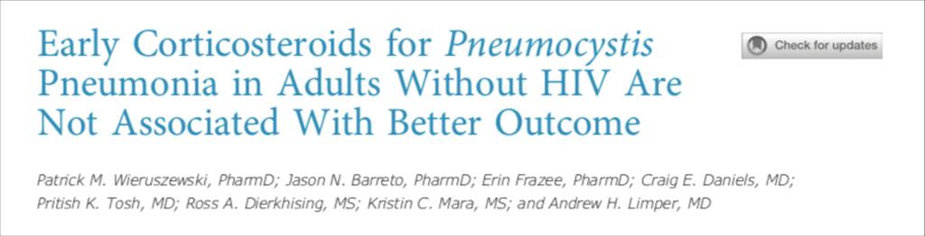 2018 Monocenter (Mayo Clinic) Retrospectief cohort studie 2006-2016 323 klinische niet-hiv patiënten met PJP waarvoor anti-pneumocystis therapie, waarvan N=258 binnen 48h start prednison N=65 niet