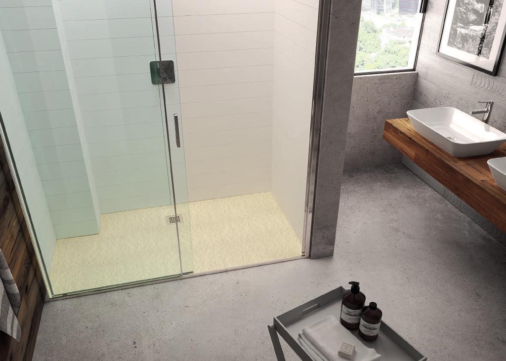 NATUURSTEEN STRUCTUUR Met 26 verschillende afmetingen en 2 vormen (vierkant en rechthoekig) is Ultra Flat Solid toepasbaar in elke badkamer: van de grootste standaard maat (200 x 100