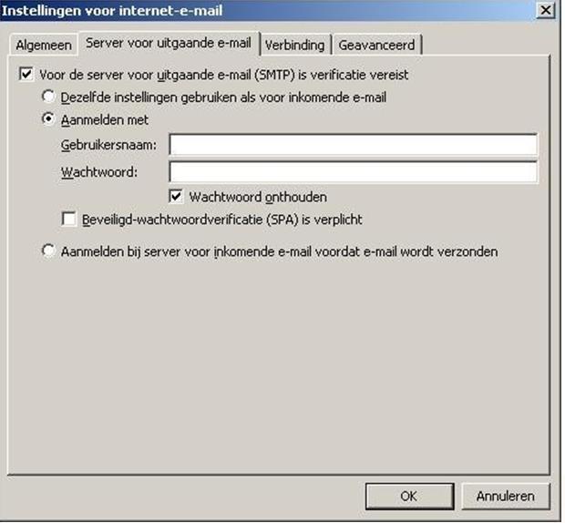 Zet het vinkje aan bij Voor de server voor uitgaande e-mail (SMTP) is verificatie