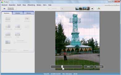 66 Basisgids Digitale fotobewerking met Picasa U ziet een raster dat u helpt de foto recht te zetten: Sleep het schuifje langzaam naar links tot de toren rechtstaat Let op horizontale lijnen Als een