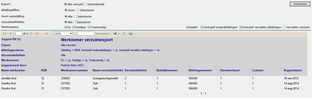 1.17 Werknemer verzuimexport Doel Dit overzicht toont een lijst van alle gegevens omtrent ziekte en gedeeltelijk herstel. De uitvoer kunt u exporteren naar Excel.