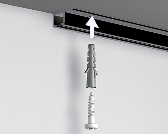 aan het plafond. Deze plafondrail heeft een discreet formaat (14,3 mm x 7 mm) en wordt geleverd in de kleur zwart.
