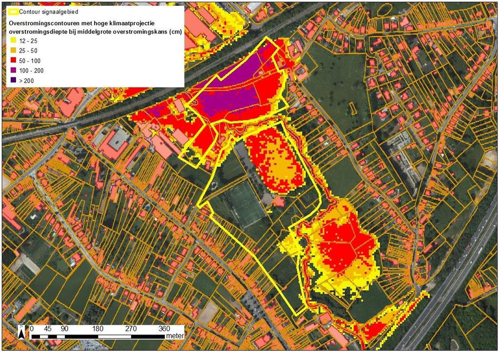 Figuur: De overstromingsdieptes van de middelmatige overstromingscontour met extreme klimaatsverandering worden hier weergegeven (geel= lage overstromingsdiepte tot paars= hoge overstromingsdiepte).