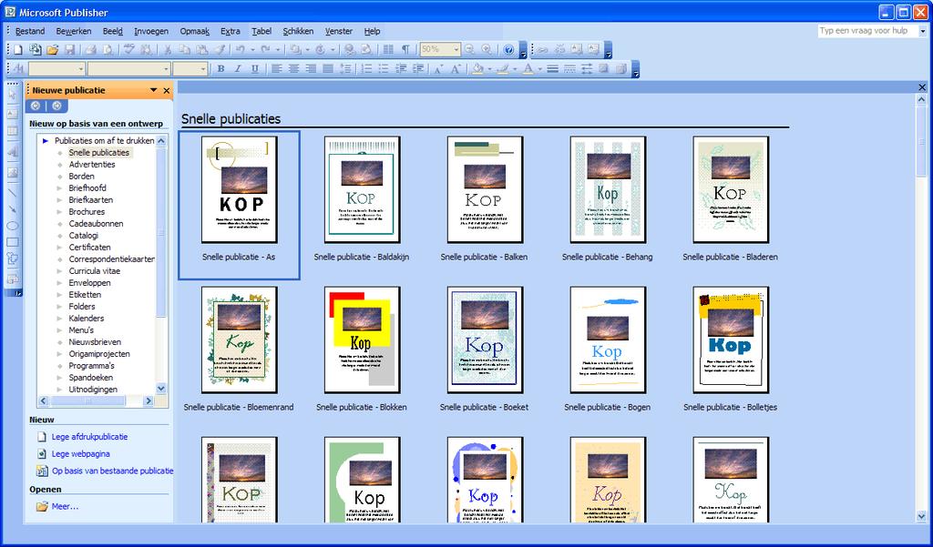 2 Starten met de wizard Bij het openen van Publisher wordt er een publicatiegalerij geopend met ingebouwde sjablonen. Publisher bevat 1600 sjablonen voor de lay-out van publicaties.