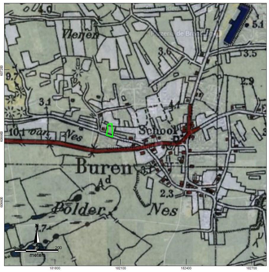 Afbeelding 8. Plangebied op een kaart uit 1932. 11 De bebouwing ten westen van het plangebied is gebouwd in 1913 (Bron: BAG register).
