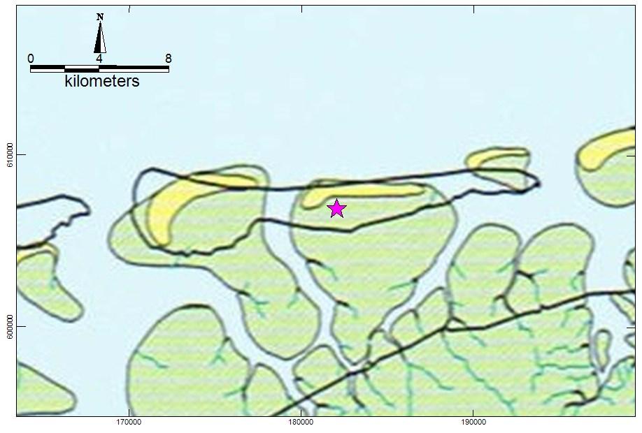 Afbeelding 3a. Plangebied (paarse ster) op een paleogeografische kaart van 100 na Chr. van de omgeving van Ameland. 5 Afbeelding 3b. Plangebied (paarse ster) op een paleogeografische kaart van 1.500 na Chr.