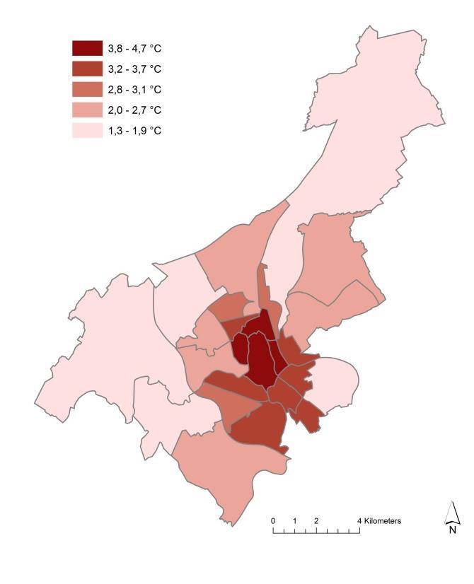 Figuur 30. Figuur 1: Hitte-effect per wijk in Gent, gebaseerd op temperatuurverschil (zomernacht) met het platteland. (bron: Milieudienst Stad Gent). Figuur 31.