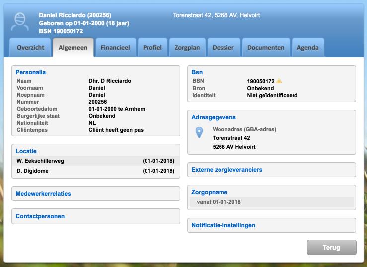 De basisgegevens van de cliënt zijn in te zien onder de tab algemeen. Hier zijn de NAW-gegevens en het BSN te vinden.