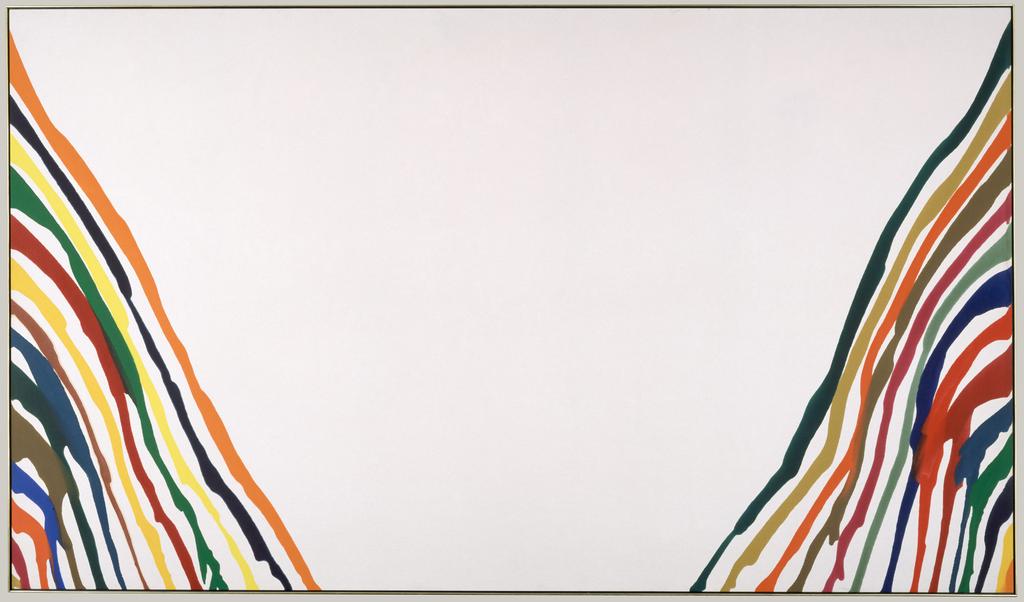 Morris Louis benadrukt de platheid van een tweedimensionaal werk door verf te laten samensmelten met het doek. Het doek wordt een beeldend element, en niet alleen een drager.
