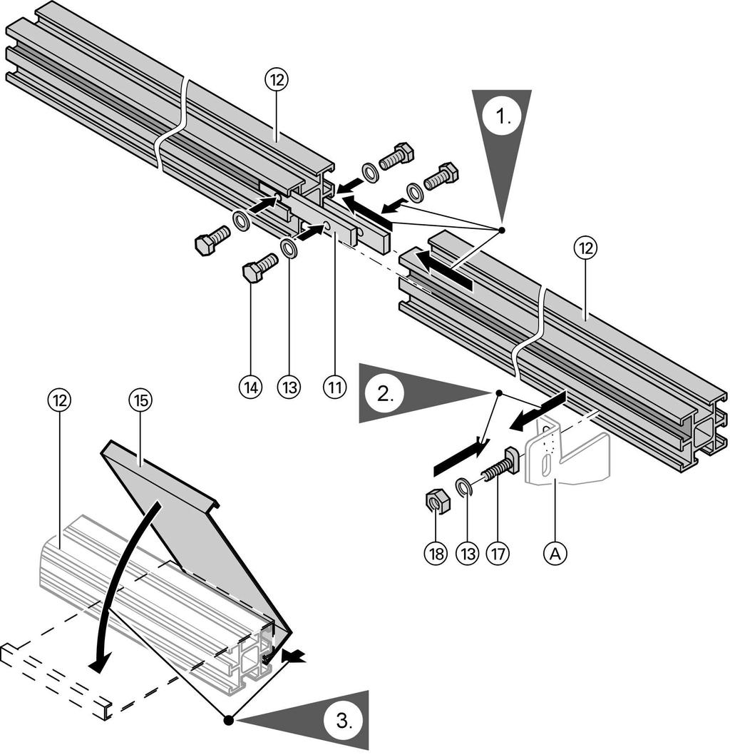 Montagerails monteren Bij alle montagehandelingen T-schroeven 90 draaien. A Dakhaak resp. klemblokje 1. Verbindingselementen in montagerails schroeven. 2.