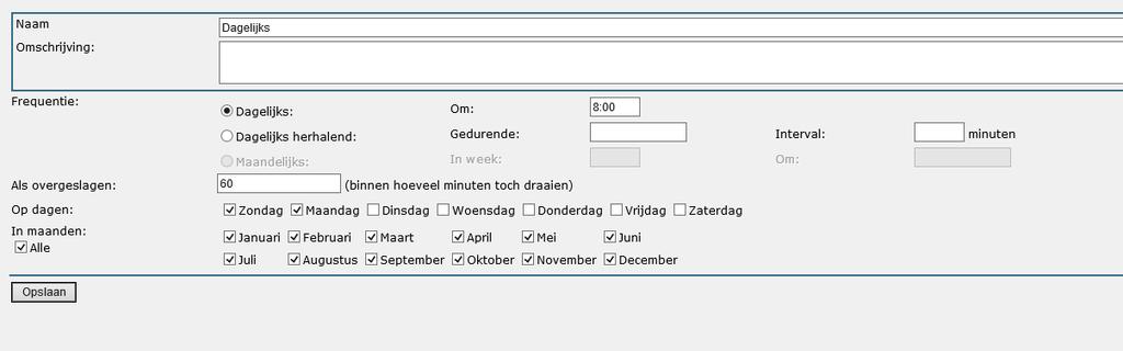 Max. notificaties: het maximum aantal berichten per gebruiker/groep per uitvoeringsrun. Als dit maximum wordt overschreden wordt er een fout vastgelegd.