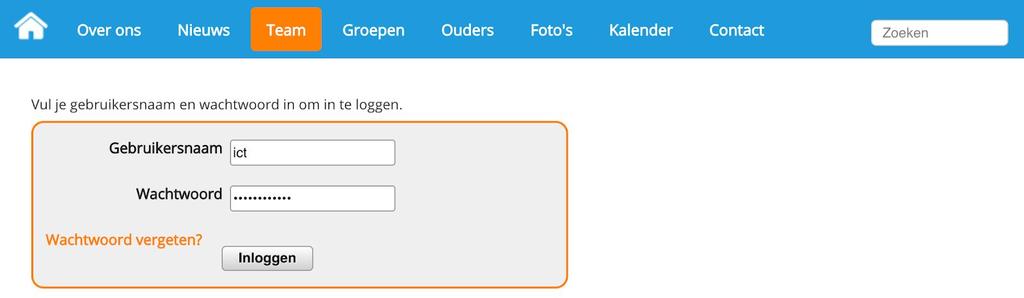 Inloggen op de website Klik op Login onder het kopje Team om op de inlogpagina van de