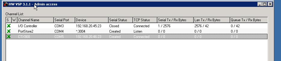 Afbeelding 29: Overzichtsscherm waarbij COM5 is toegevoegd Controleer of de TCP-status CONNECTED is. Dit is goed.