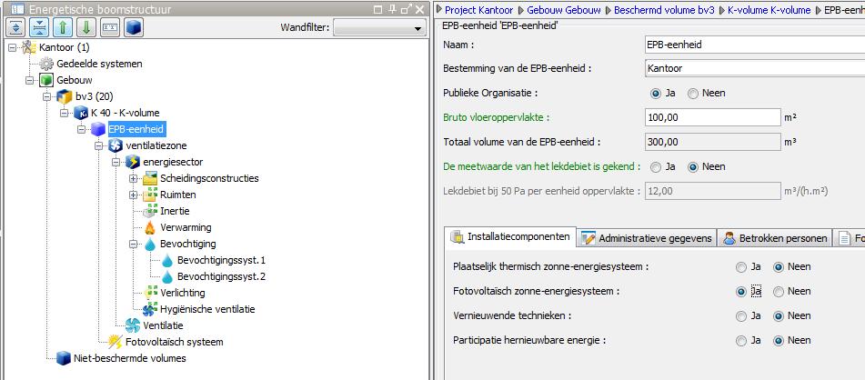 november 2013 in te rekenen. Het al dan niet aanwezig zijn van een gebouwgebonden fotovoltaïsch zonneenergiesysteem kunt u al aanduiden sinds de versie 4.3.0, als u zich in de energetische boomstructuur op de knoop van de EPB-eenheid bevindt, op het tabblad van de installatiecomponenten (Figuur 18).