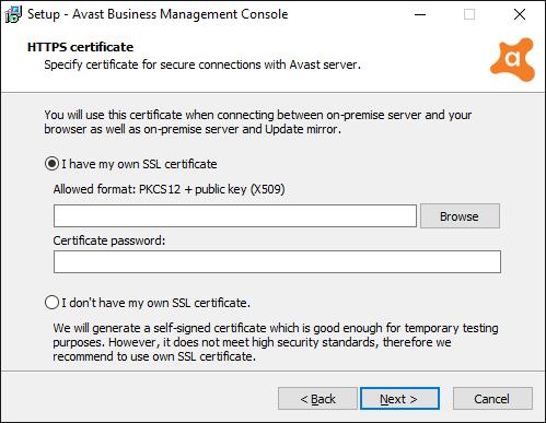 Als u over een SSL-certificaat beschikt, kunt u dit gebruiken voor de beheerconsole van Avast.