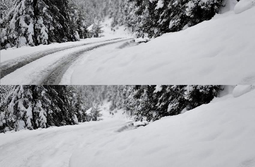 Stap 6 De weg verwijderen; nieuwe bovenste laag; Kloongereedschap; probeer de weg te laten verdwijnen onder de sneeuw.