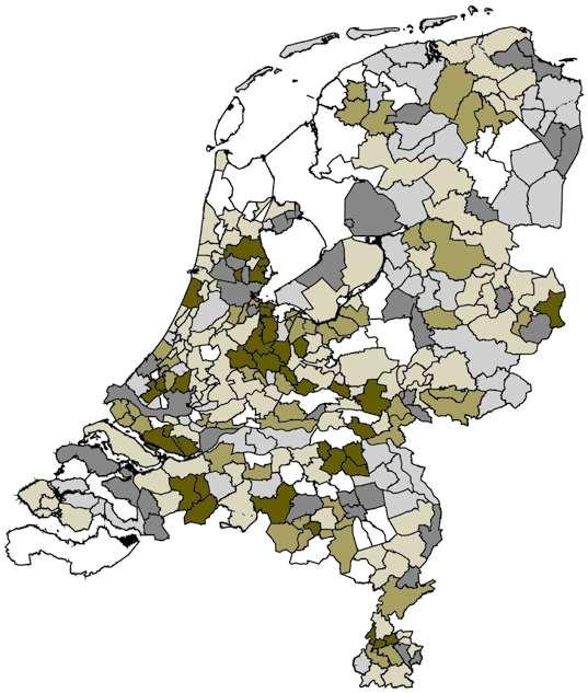 Percentage per gemeente Donkergrijs: 16%+ Lichtgrijs: 13-16% Wit: 11-13% Lichtgoud: 8-11% Goud: 5-8% Donkergoud: 0-5%