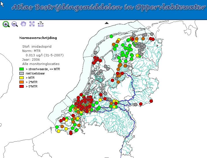 Imidacloprid in het Nederlandse Oppervlaktewater in 2006: Rode Stippen