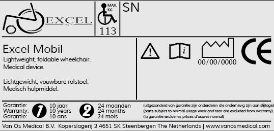 1 INDENTIFICATIE Uw Excel Mobil rolstoel is voorzien van een uniek serie nummer. U kunt dit nummer terug vinden op het frame van uw rolstoel.