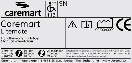 1 INDENTIFICATIE Uw Caremart Litemate rolstoel is voorzien van een uniek serienummer. U kunt dit nummer terug vinden op het frame van uw rolstoel.