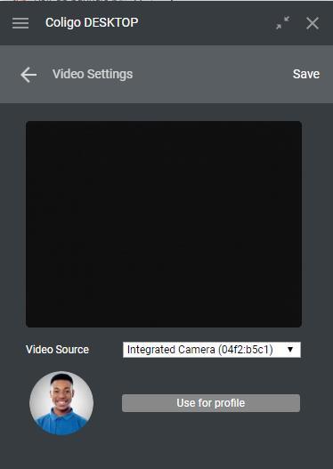 Video-instellingen: hier kan de gebruiker de videobron selecteren en een profielfoto maken voor gebruik in de app.
