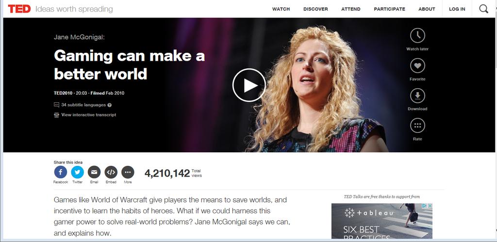 Ben je het eens met Jane McGonigal? Waarom? https://www.ted.com/talks/jane_mcgonigal_gaming_can_make_a_better_world?language=en (2010) https://www.youtube.com/watch?