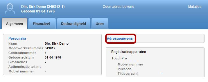 Adres van de medewerker aanpassen Navigeren Zoek de medewerker op en klik op "Adresgegevens".