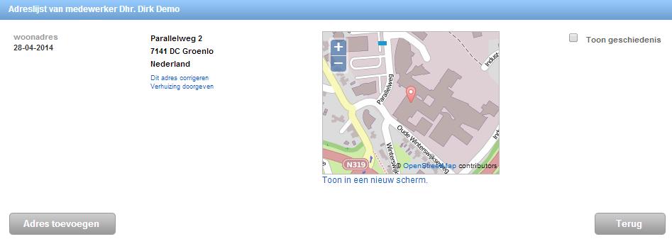 Voltooid Zodra er op "Opslaan" is geklikt, is het betreffende adres toegevoegd bij de medewerker.