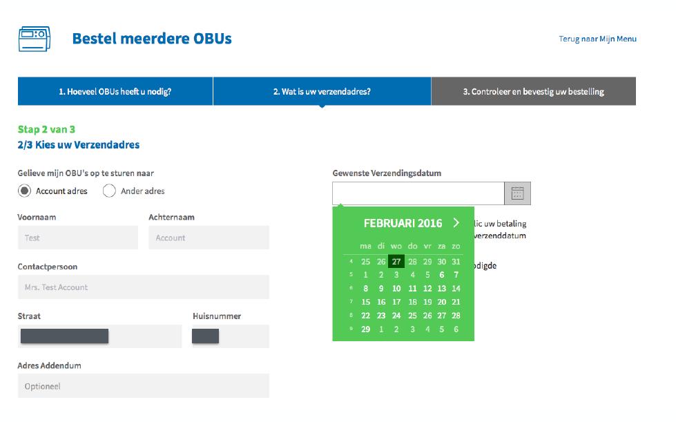 Stap 7: Als u wilt dat de OBU wordt afgeleverd op het adres dat in uw account wordt vermeld, klik op "VOLGENDE".