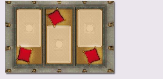 Op de voorzijde zijn 3 kussens met elk een aflegveld voor kaarten (voor 2, 4 en 5 spelers) en op de achterzijde zijn 2 kussens (voor 3 spelers) afgebeeld. Op de kussens worden de juwelen aangeboden.