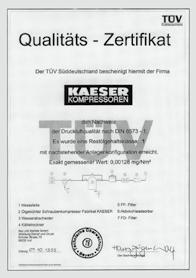De kwaliteit van de perslucht die met persluchtsystemen van wordt opgewekt is gecontroleerd en gecertificeerd door de Duitse technische keuring (TÜV).