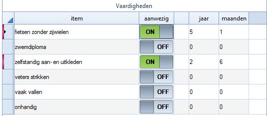 Kinderdossier: Tabel Vaardigheden: Op het tabblad Anamnese aanvulling staat de tabel Vaardigheden. Deze tabel is met aan-uit schuifjes.