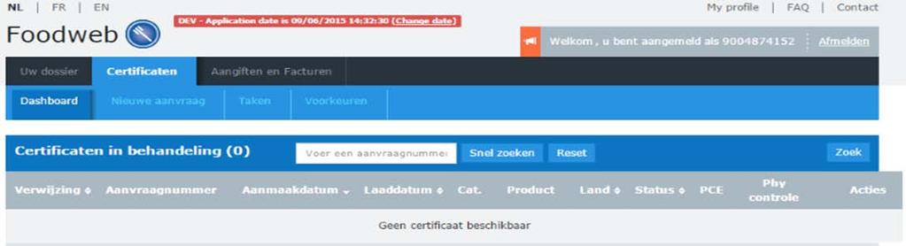 3. Nieuw exportcertificaat aanvragen 1. Nadat u Becert heeft opgestart, wordt u gevraagd voor welke operator gelinkt aan uw log-in u een aanvraag wil indienen.