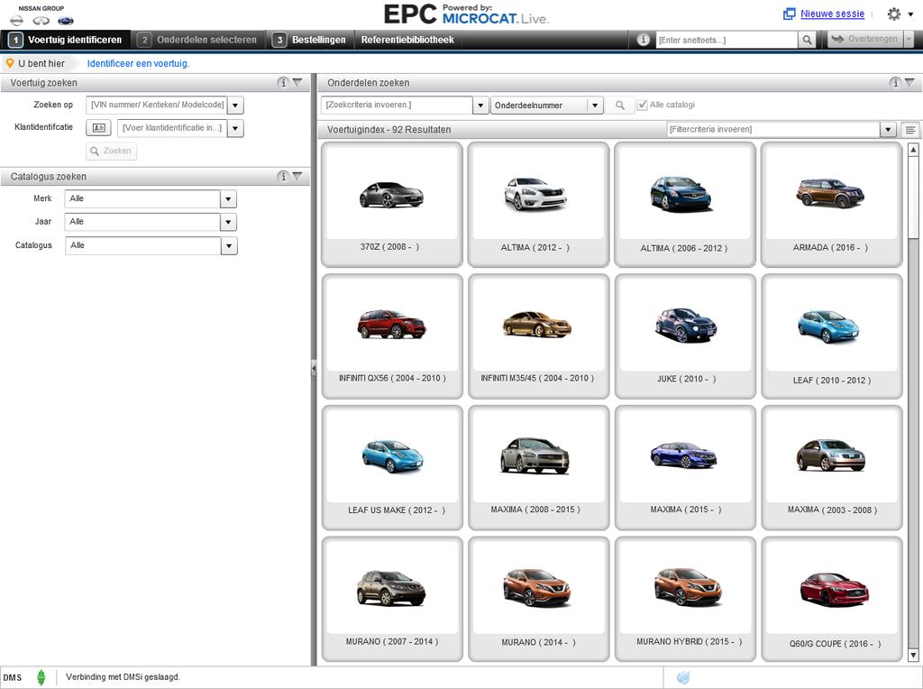 VOERTUIG IDENTIFICEREN De Nissan EPC, mogelijk gemaakt door Microcat Live, is het ultieme onderdelenverkoopsysteem. Laten we beginnen met de hoofdschermen.