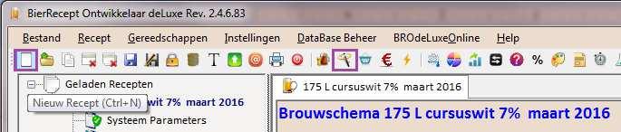 Nieuw Recept maken: 1. Via menu Bestand Nieuw Recept (Ctrl-N) of via toolstripbutton Nieuw Recept een nieuw recept aanmaken. 2.
