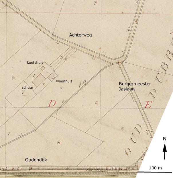 Koetshuis hoeve Overkamp, Achterweg 2-2a, Dordrecht Ondergronds 85 Afb. 6. De locatie van het onderzoeksgebied op de kadastrale minuut van 1811-1832.