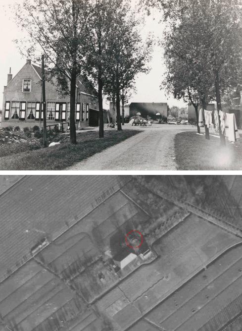 Afb. 7. Boven: de hoeve Overkamp in de meidagen van 1940 met Nederlandse militairen vóór de afgebrande (en al opgeruimde) schuur (RAD inventarisnr. 552_316308).