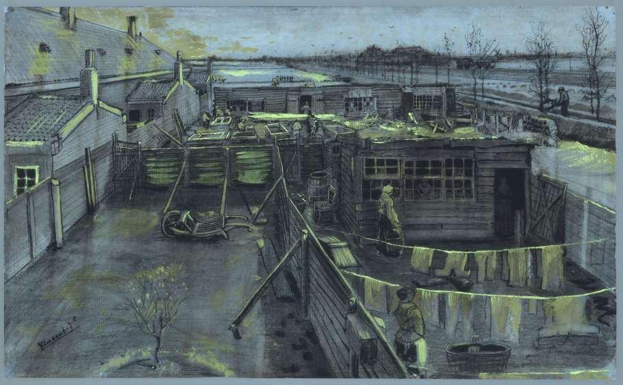 Timmermansloods en wasserij, eind mei 1882 Potlood, zwart krijt,