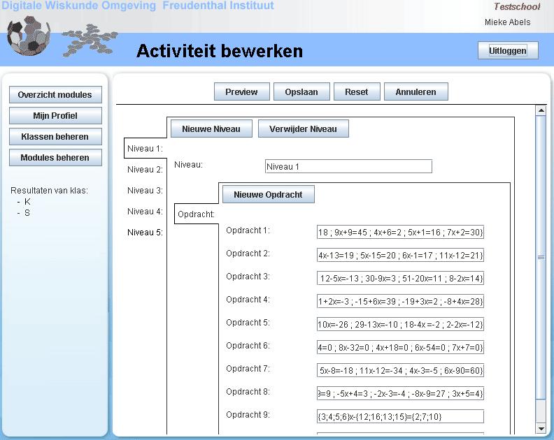 In dit scherm kunt u de opgaven en niveaus aanpassen, verwijderen of toevoegen. Wanneer u bezig bent met het aanpassen van bijvoorbeeld een opdracht zal deze 'gemarkeerd' worden.