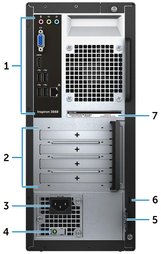 Achterzijde 1 Achterpaneel Sluit USB-, audio-, video- en andere apparaten aan. 2 Sleuven voor uitbreidingskaarten Bieden toegang tot poorten op alle geïnstalleerde PCI Express-kaarten.