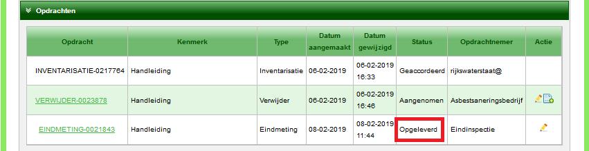 4. Klik op de balk onder ProjectId, hiermee opent u het project en u ziet dat de eindmetingopdracht is Opgeleverd :