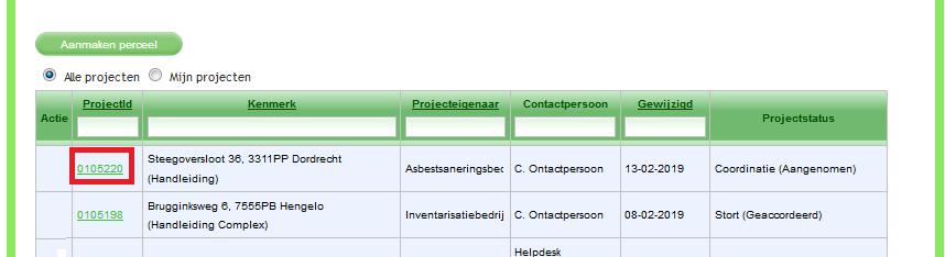 5. Klik op de regel onder kolom ProjectId, hiermee opent u het