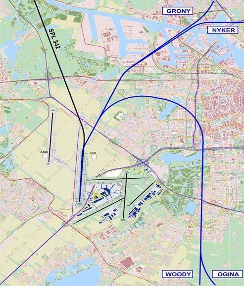 Figuur: Nieuwe vertrekroutes van de Zwanenburgbaan (blauwe lijnen).