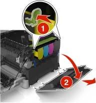 Printer onderhouden 215 3 Open de bovenklep. 4 Verwijder de rechterzijklep.