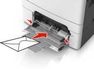 Papier en speciaal afdrukmateriaal plaatsen 50 Plaats enveloppen met de klepzijde omhoog en tegen de rechterkant van de papiergeleider.