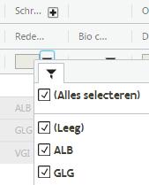 > De filters kunnen worden toegepast op numerieke velden (getallen), tekstvelden, datumvelden (handig om bv. de niet geschrapte percelen eruit te filteren) of keuzevelden (vb.