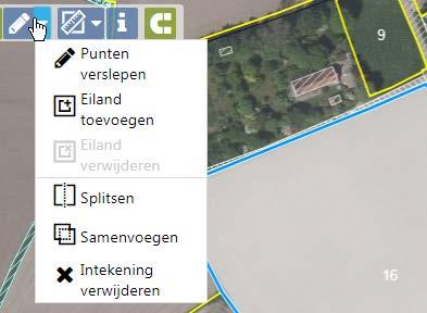 1 Tekenacties Indien er geen perceel geselecteerd is, zult u bij klikken op het pijltje naast het potloodje twee acties te zien krijgen: intekenen of overnemen Indien er wel een perceel geselecteerd