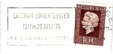 75 jaar wandelen in Den Haag, 1983, stempel uit 2e periode (stok XV). Vijf jaar later werd de vlag met "80 jaar wandelen" gebruikt, dit keer in Arnhem (afb. 10).