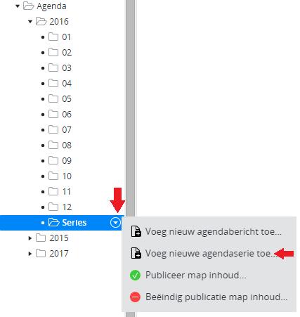 Agendaserie maken Via de agendaserie kun je een aantal events groeperen, in een serie zetten, zodat een bezoeker kan zien dat deze events bij elkaar horen.