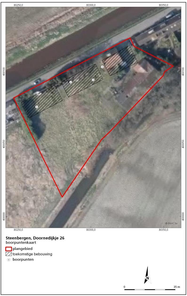 Figuur 3.1 Boorpuntenkaart 3.2 Veldwaarnemingen In het noordoostelijke deel van het plangebied was de bebouwing van Doornedijkje 26 nog aanwezig.